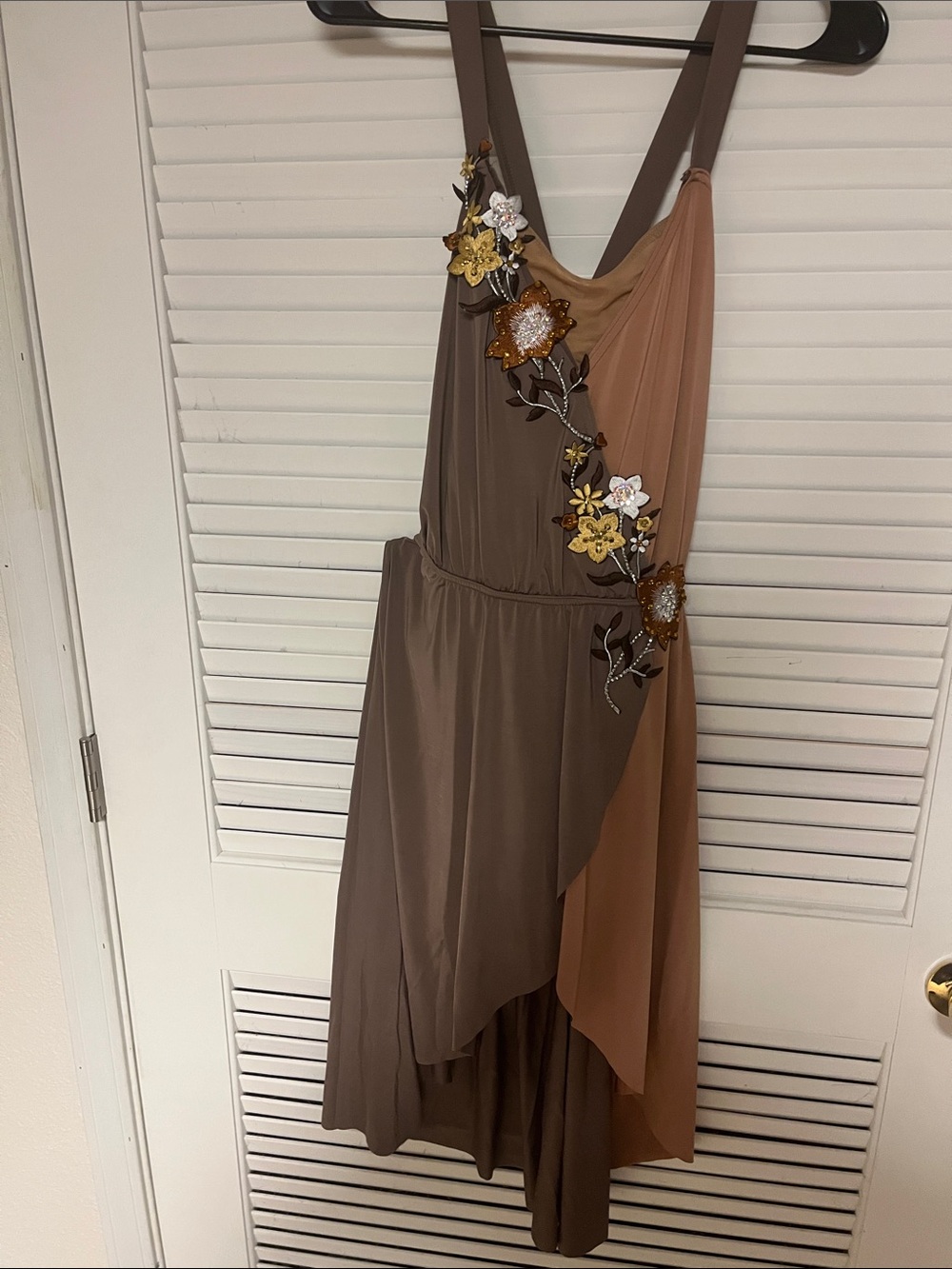 balera Brown and Tan Asymmetrical Floral-Appliqué Dress